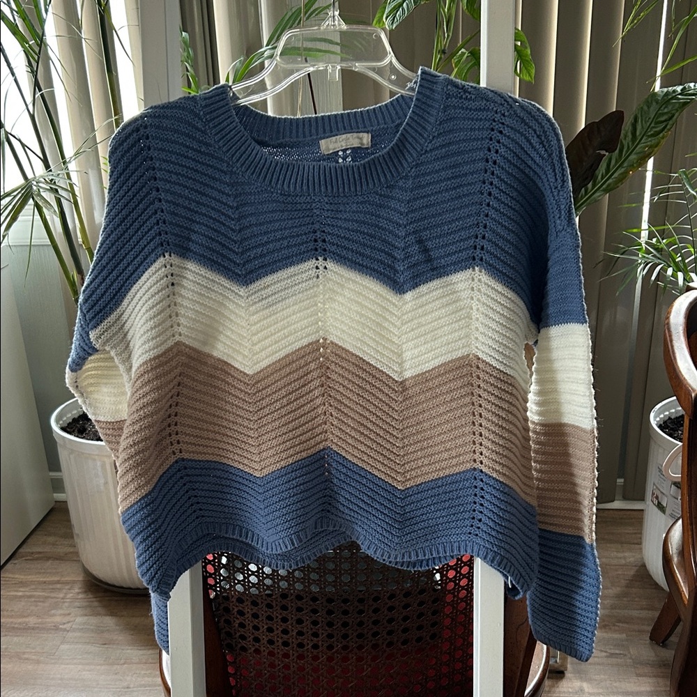 T.J.Maxx Chevron Knit Sweater in Blue, Cream, and Tan